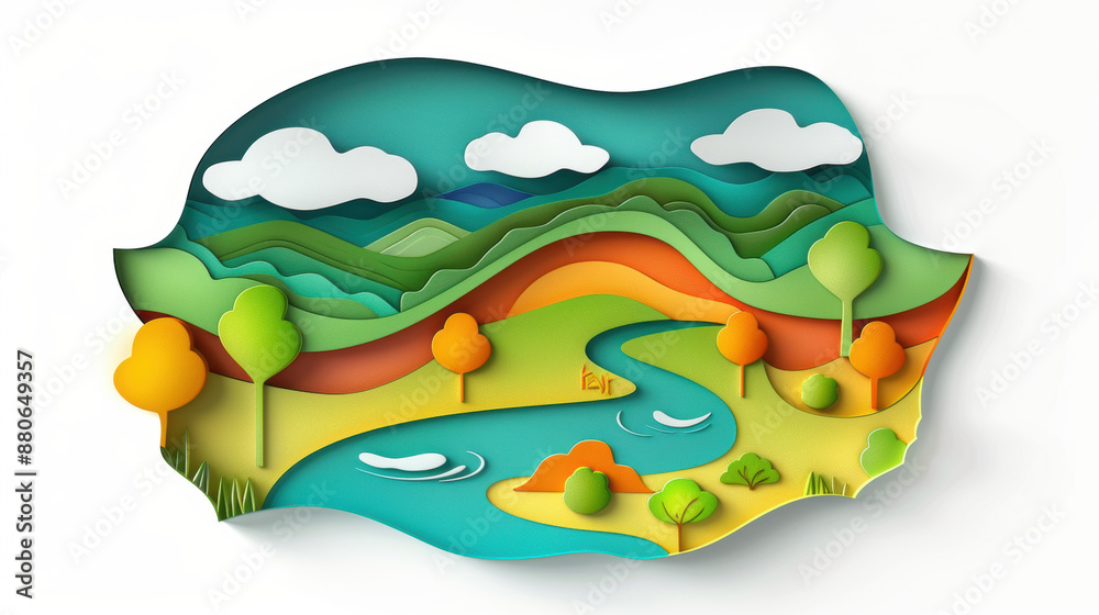A paper cutout of a landscape with a river and mountains A paper cutout of a landscape with a river and mountains