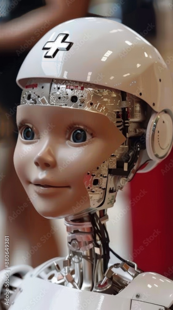 A robotic figure, resembling a child, wearing a helmet with a large white plus sign, showcasing advanced robotics technology A robotic figure, resembling a child, wearing a helmet with a large white plus sign, showcasing advanced robotics technology