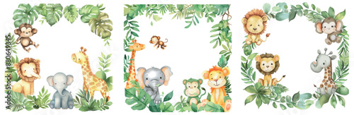 A watercolor frame featuring baby safari animals and tropical leaves