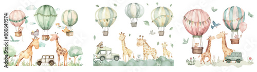 An illustration of Safari Animals with a lion, zebra, giraffe, monkey, and elephant in hot air balloons.
