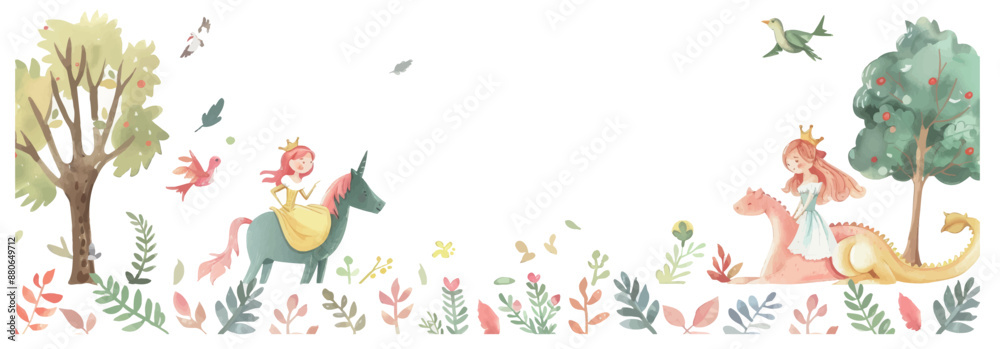 The invitation template features a watercolor illustration of a princess and knight from a fairy tale The invitation template features a watercolor illustration of a princess and knight from a fairy tale