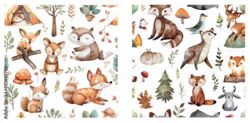 An illustration of woodland animals with a seamless pattern in watercolor
