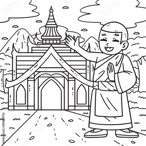 Buddhism Monk and Buddhist Temple Coloring Page