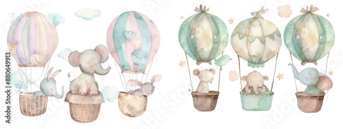 Illustration of a set of watercolor woodland animals in a hot air balloon
