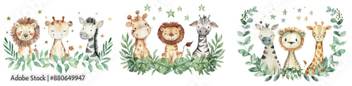 For baby shower invitations, birthday cards, and announcements with watercolor safari animals illustration frames and tags