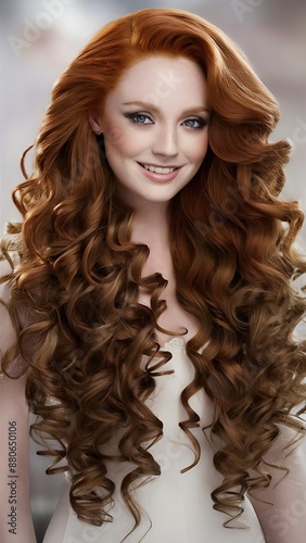 Beautiful model girl with long red curly hair .Red head