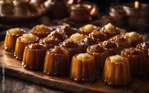 Canelés, caramelised and fluted, rustic board, traditional kitchen, warm afternoon light photo