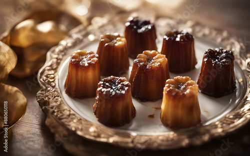 Canelés, caramelised and fluted, rustic board, traditional kitchen, warm afternoon light photo