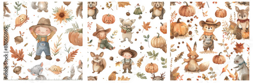 A seamless pattern tile with leaves, pumpkins, and harvest icons for autumn fall woodland baby animals