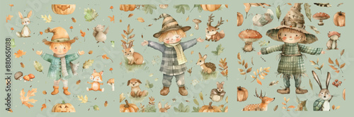 Autumn Fall woodland baby animals pattern with leaves, pumpkins, and harvest illustrations