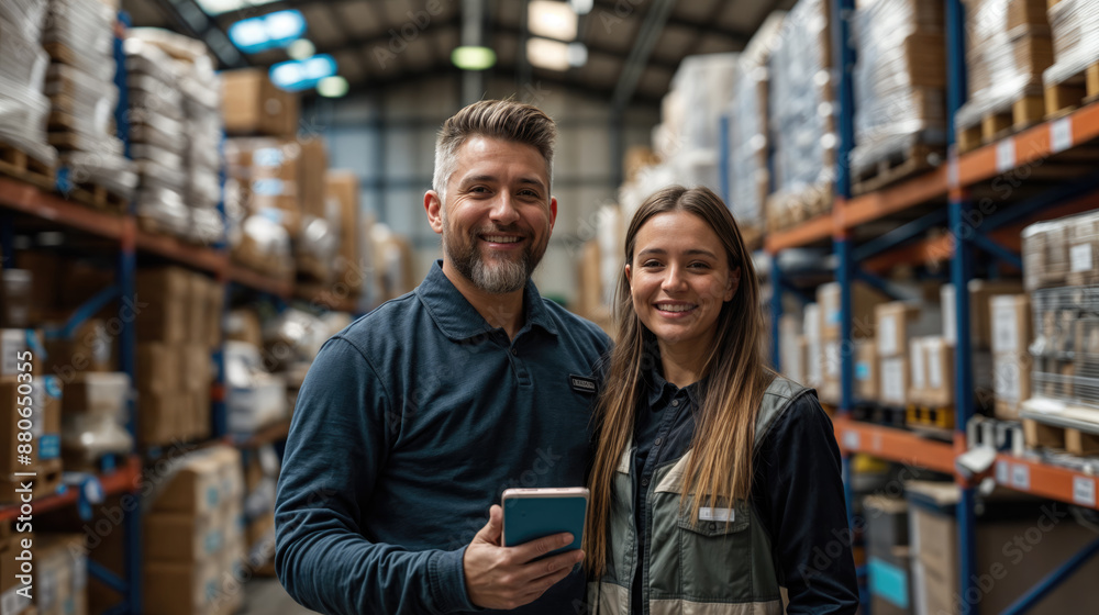 Warehouse workers smiling and holding digital tablet in busy retail warehouse