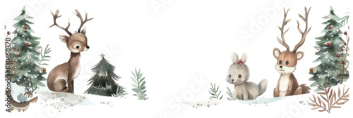 Template for Christmas invitations with watercolor illustration of woodland animals and winter foliage