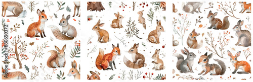 Pattern with watercolor Christmas woodland animals for winter holidays