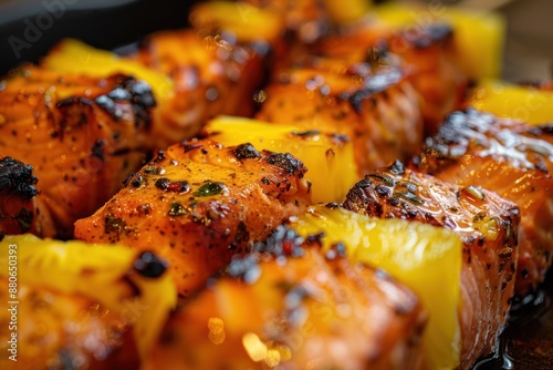 closeup food - JUICY mouthwatering Pineapple Salmon Skewers photo