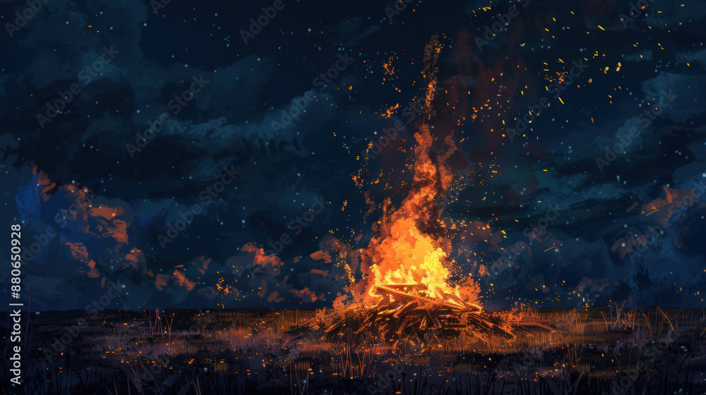 A painting of a fire in the woods with a dark sky in the background A painting of a fire in the woods with a dark sky in the background