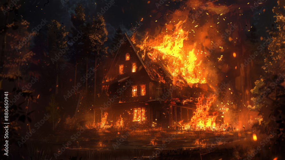 A house is on fire in a forest A house is on fire in a forest