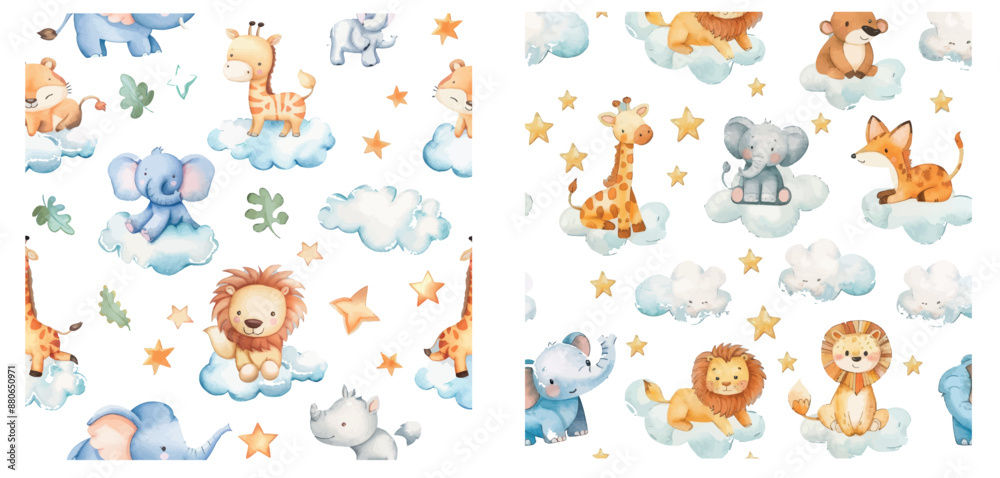 An illustration with safari animals in the sky with clouds and stars for a baby An illustration with safari animals in the sky with clouds and stars for a baby