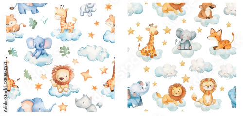 An illustration with safari animals in the sky with clouds and stars for a baby