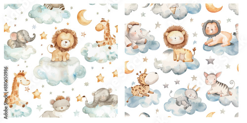 Flowing seamless pattern with watercolor safari animals and clouds