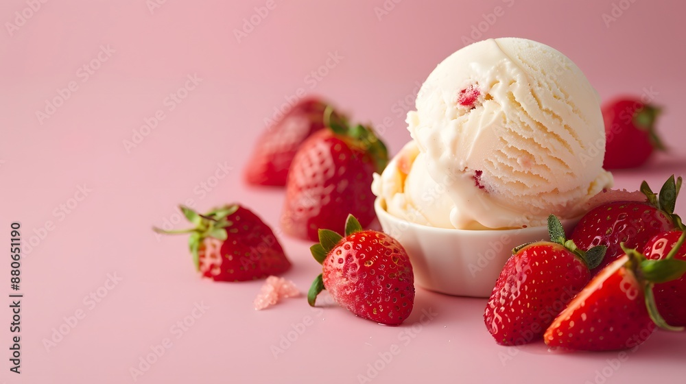 Strawberry Ice Cream with Fresh Strawberries on Pink Background. Strawberry Ice Cream with Fresh Strawberries on Pink Background.
