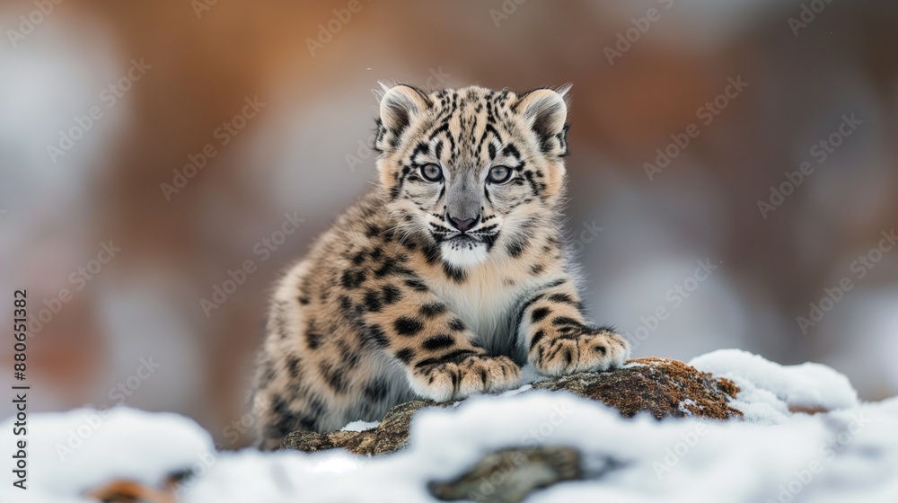 Obraz premium Snow leopard cub in the wild on the snow. Wildlife concept 