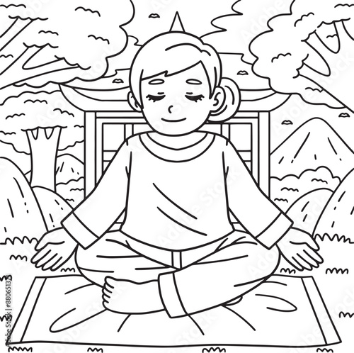 Buddhism Buddhist Girl Meditating Coloring Page 