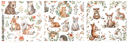 A watercolor seamless pattern with woodland animals including a bear, fox, and bunny