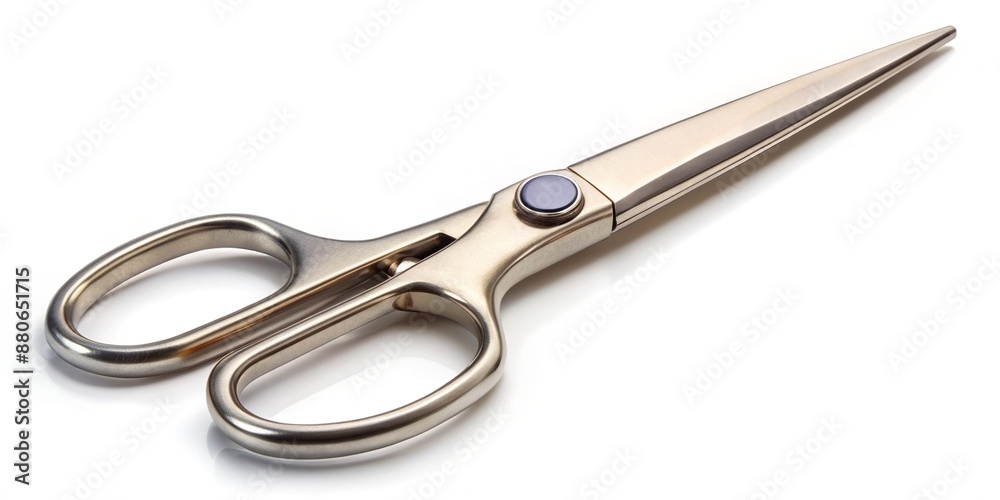 Sharp, silver scissors with precise blades and ergonomic handles lie isolated on a clean, bright white background, ideal for product or concept illustrations. Sharp, silver scissors with precise blades and ergonomic handles lie isolated on a clean, bright white background, ideal for product or concept illustrations.