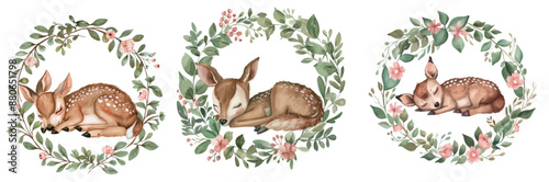 A baby deer holding a flower wreath watercolor woodland animal.