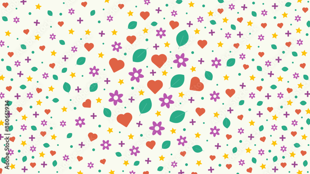 Floral, heart, star, plus, and dot shapes with seamless patterns. Colorful vector design. Floral, heart, star, plus, and dot shapes with seamless patterns. Colorful vector design.