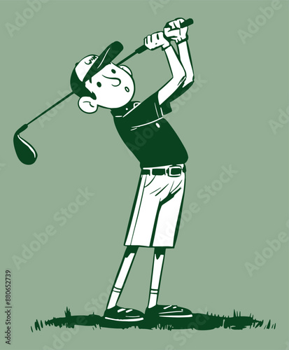 Funny Golfer swing playing golf cartoon doodle vector illustration