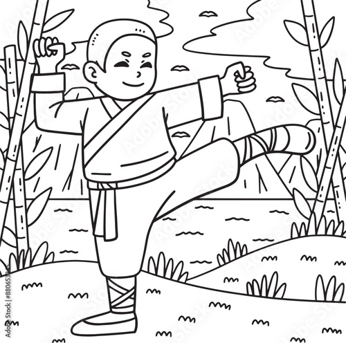 Buddhism Shaolin Monk Kicking the Air Coloring 