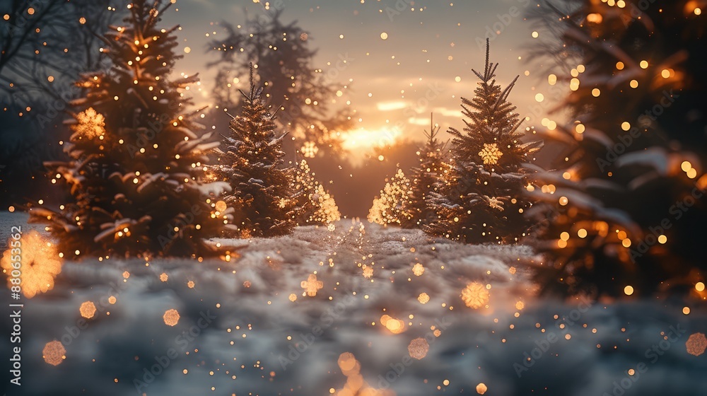 a Christmas tree farm with four Christmas trees lined up horizontal and decorated with lights, snowy grass floor, dreamy glow, delicate snowflakes. Generative AI. a Christmas tree farm with four Christmas trees lined up horizontal and decorated with lights, snowy grass floor, dreamy glow, delicate snowflakes. Generative AI.