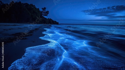 Tropical beach at night with glowing blue bioluminescent phytoplankton