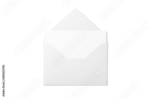 Opened paper envelope mockup with paper sheet isolated on a transparent background, PNG. High resolution.

