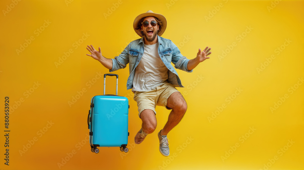 Excited tourist jumping with suitcase on yellow background Excited tourist jumping with suitcase on yellow background