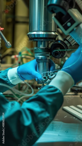 A person wearing blue gloves and a teal lab coat operates a complex machine with a silver cylinder component