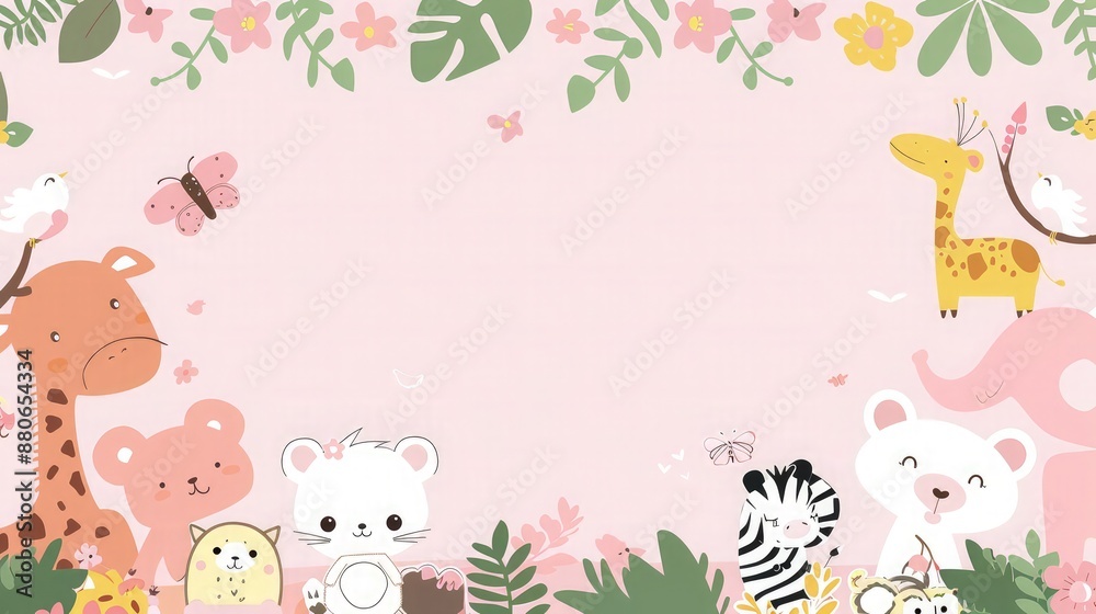 Fototapeta premium Pink white Playful Cute Animal Sticker Page Border.