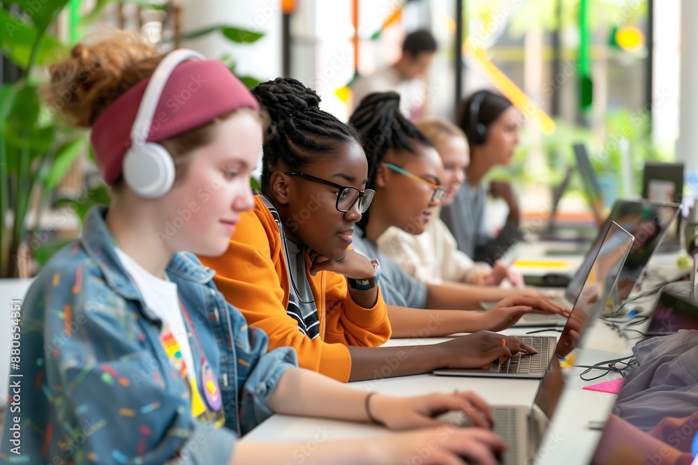 Diverse Young Woman Focus Coding at Laptop in Programming Workshop, Women Empowerment in Tech Diverse Young Woman Focus Coding at Laptop in Programming Workshop, Women Empowerment in Tech