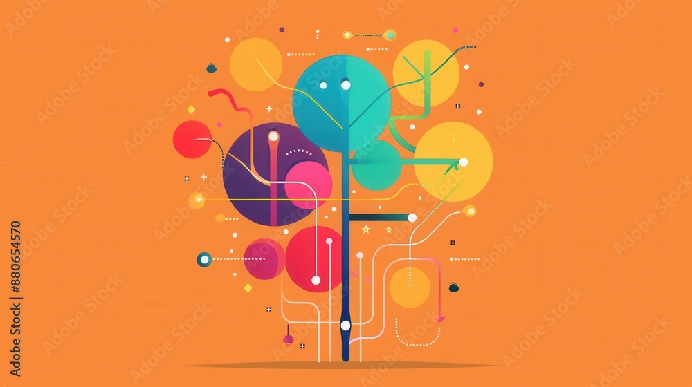 Decision pathways, flowchart with multiple outcomes, flat design illustration