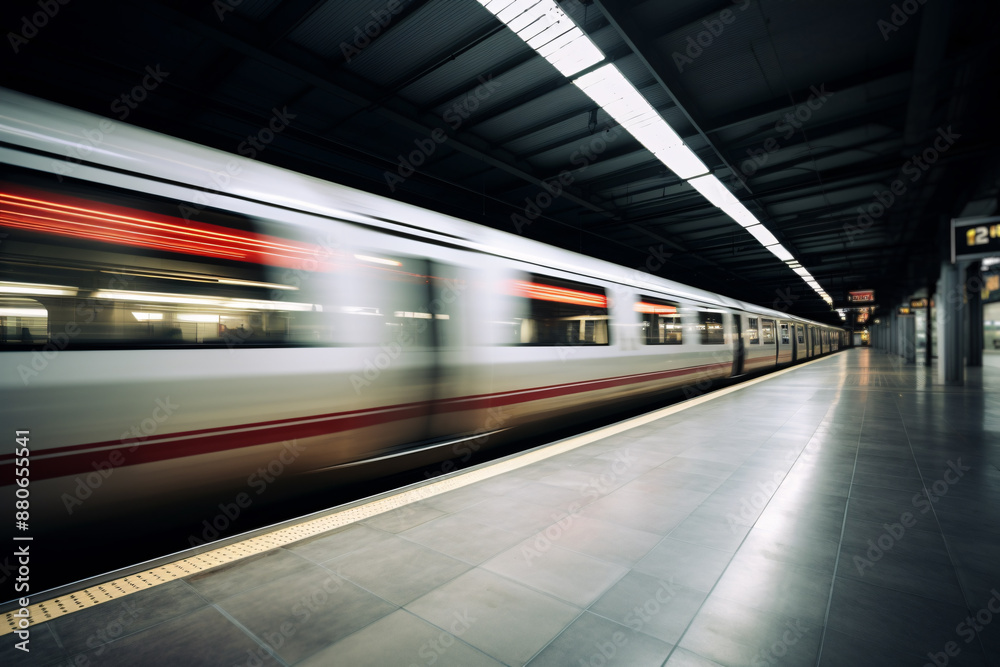 Obraz premium Blurry white train driving through train station