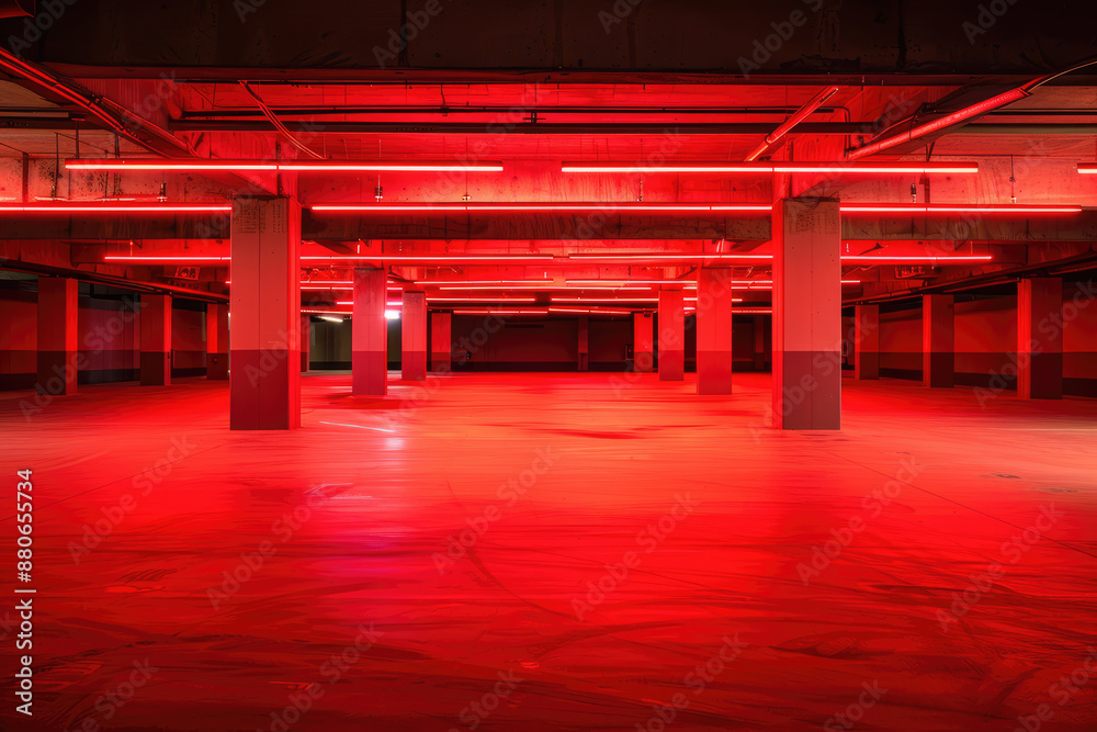 Empty underground parking lot illuminated by red neon lights Empty underground parking lot illuminated by red neon lights