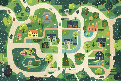 Simple just streets map, minimalist kids style, 2D style. Generative AI tools