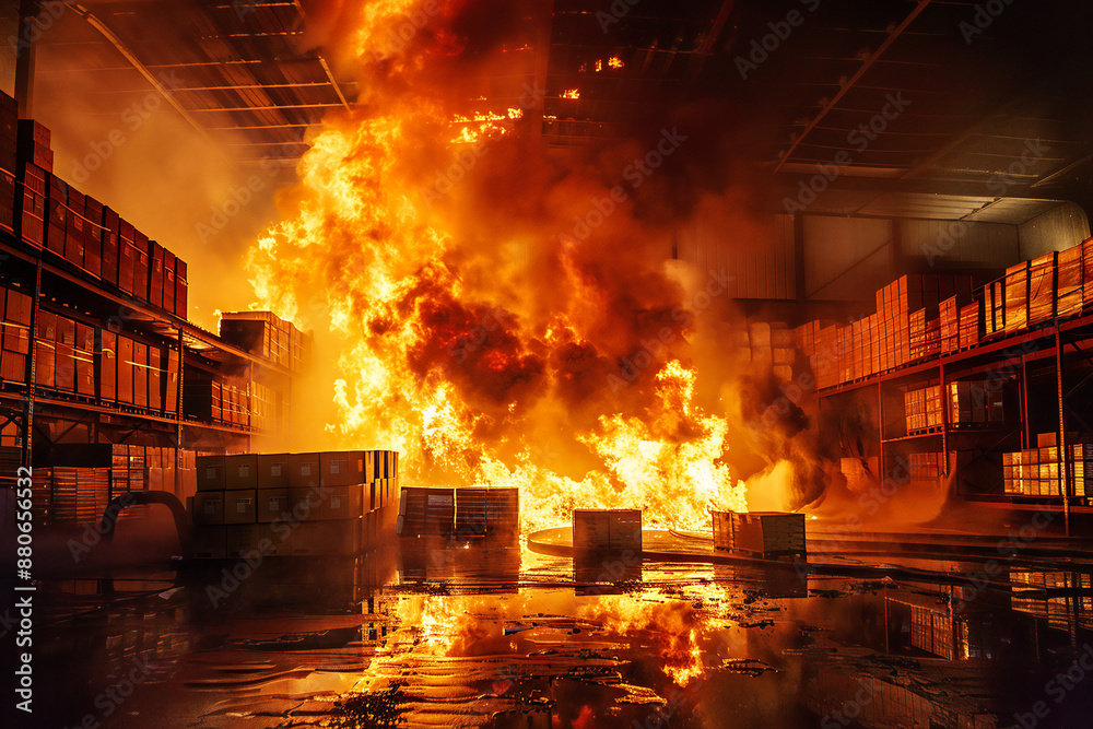 Fire in a storage warehouse. Spreading fire in a warehouse full of ...