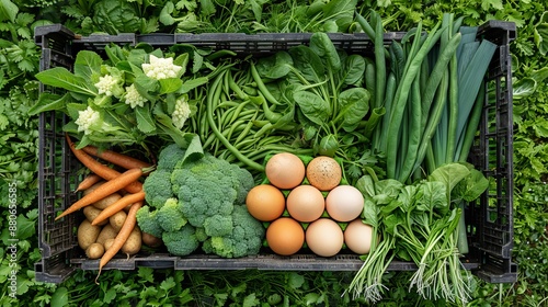Fresh vegetables and eggs in a crate