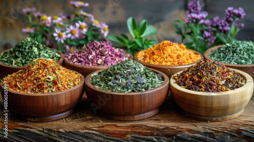 Assorted colorful spices neatly arranged in piles on a wooden surface. © Gatherina