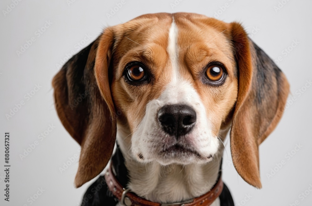 Close-up portrait front view of beagle dog with brown and white fur Close-up portrait front view of beagle dog with brown and white fur