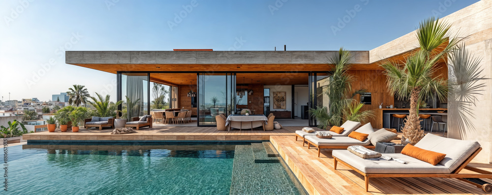 Fototapeta premium Modern open plan home with infinity pool overlooking city