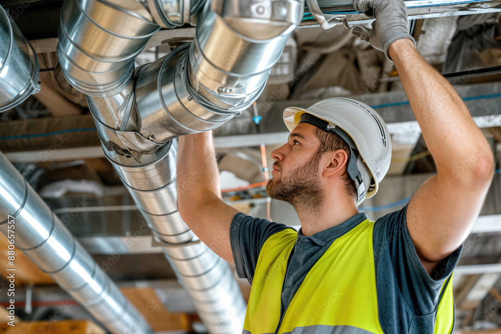 Hvac technician installing air duct system in building Stock Photo ...