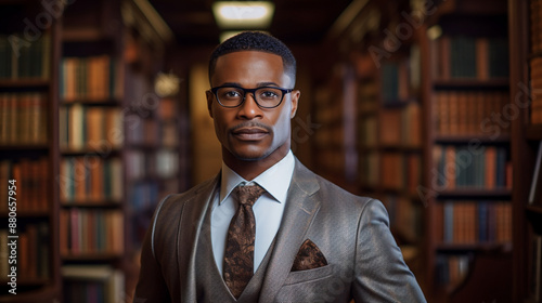 Portrait of an handsome black African American man in his 40s wearing glasses with formal slick hairstyle and smooth face wearing a white shirt in a luxury ancient library.